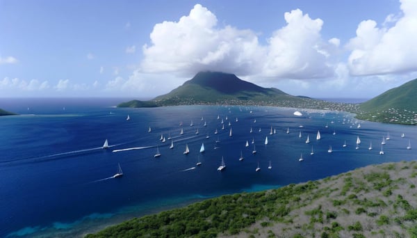 bucht von guadeloupe mit segelschiffensegeln von weit oben mit dem bekannt berg im hintergrund